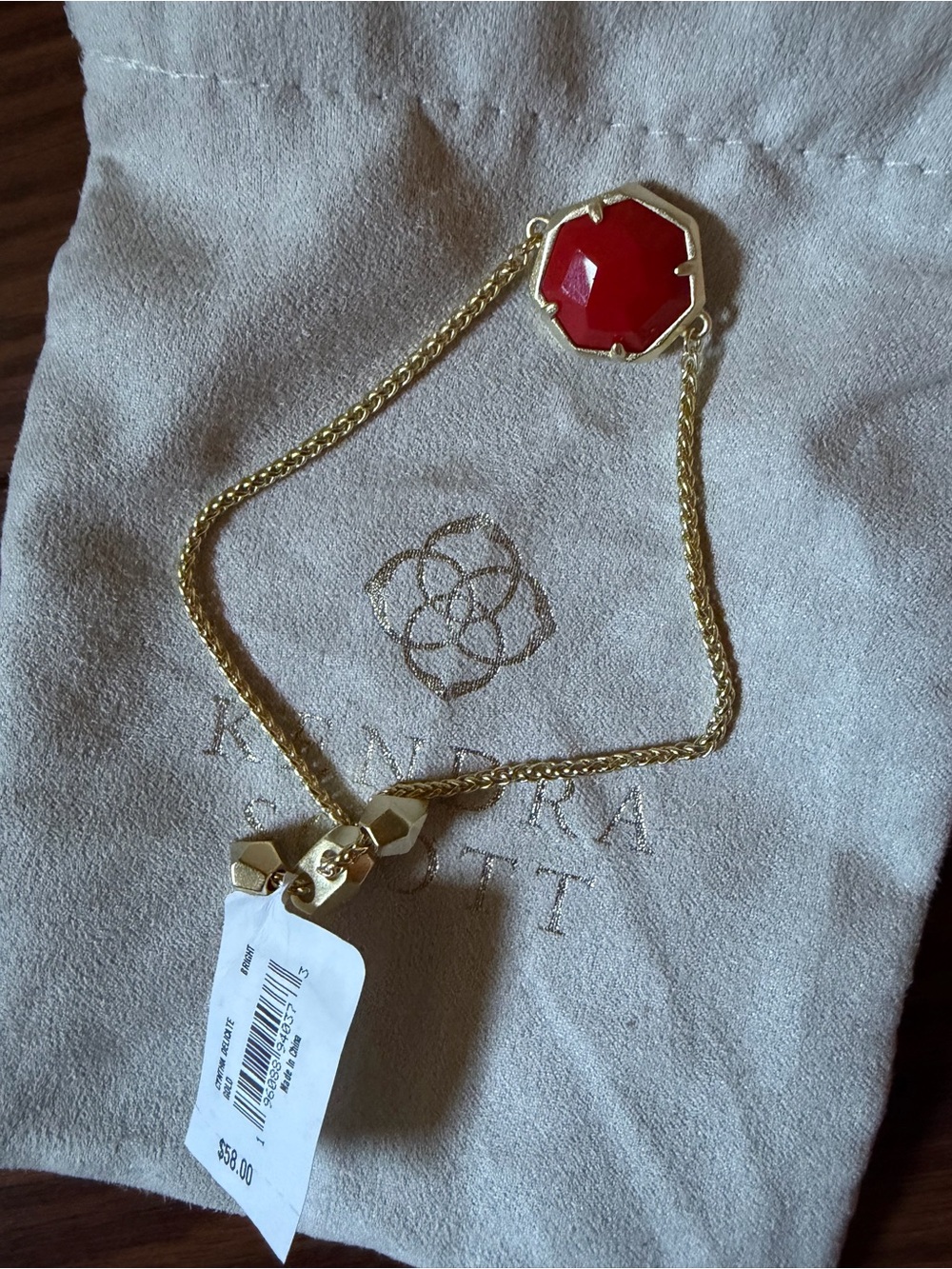 Kendra Scott Gold Chain adjustable Bracelet with Red Octagon Stone